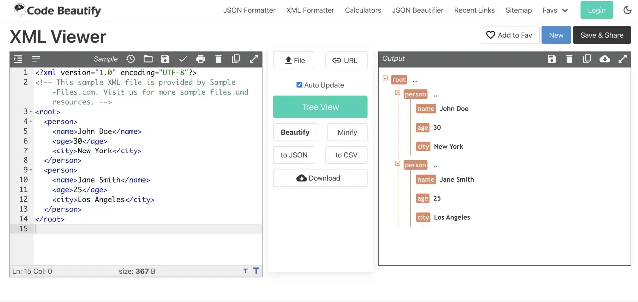 Visualizza un programma per aprire XML, con un esempio di codice XML a sinistra e la sua rappresentazione ad albero a destra.