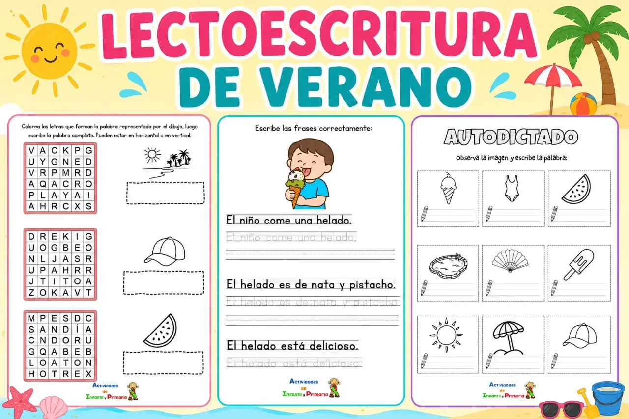 Actividad de vocabulario verano infantil: sopa de letras, escritura de frases y autodilactado con dibujos veraniegos.