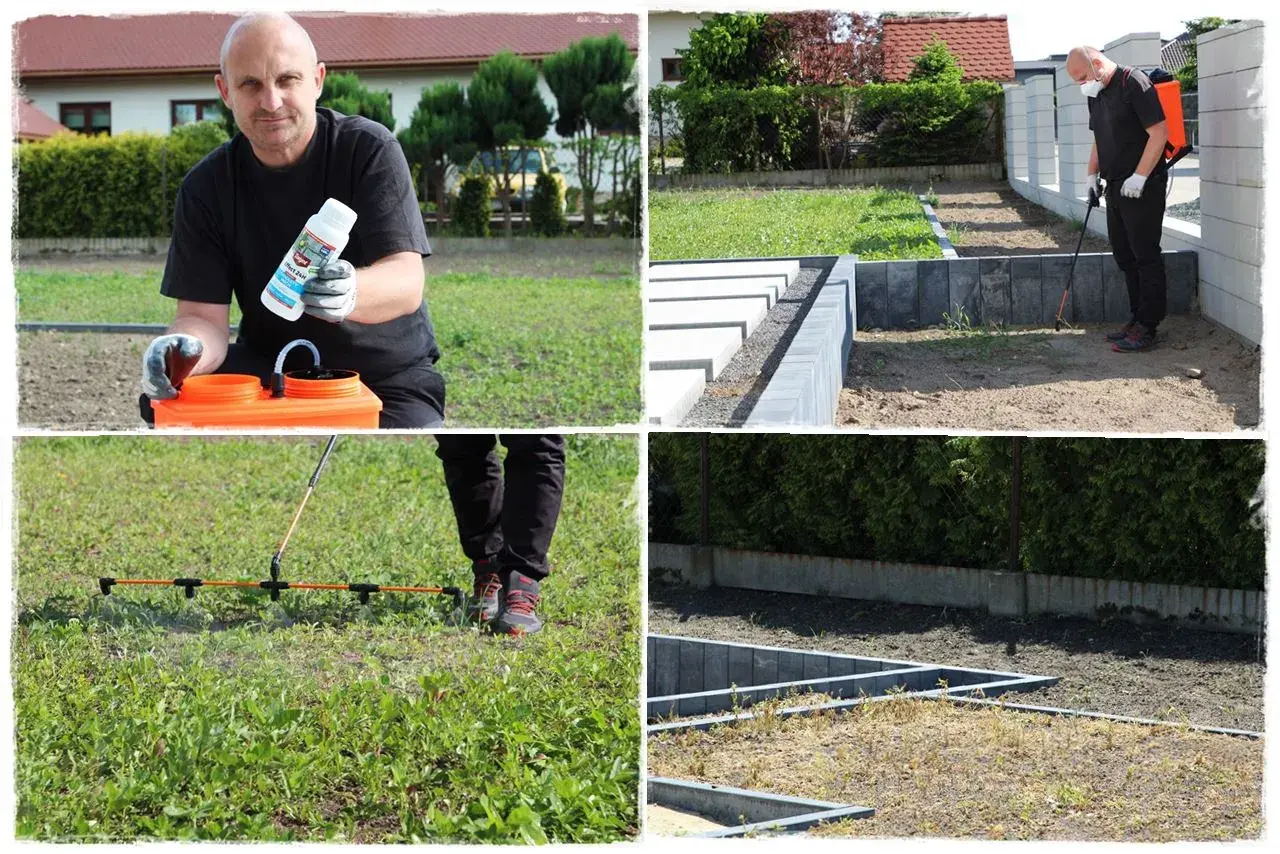 Mężczyzna przygotowuje opryskiwacz z preparatem do trawnika. Następnie opryskuje nim ziemię, przygotowując ją do siewu.