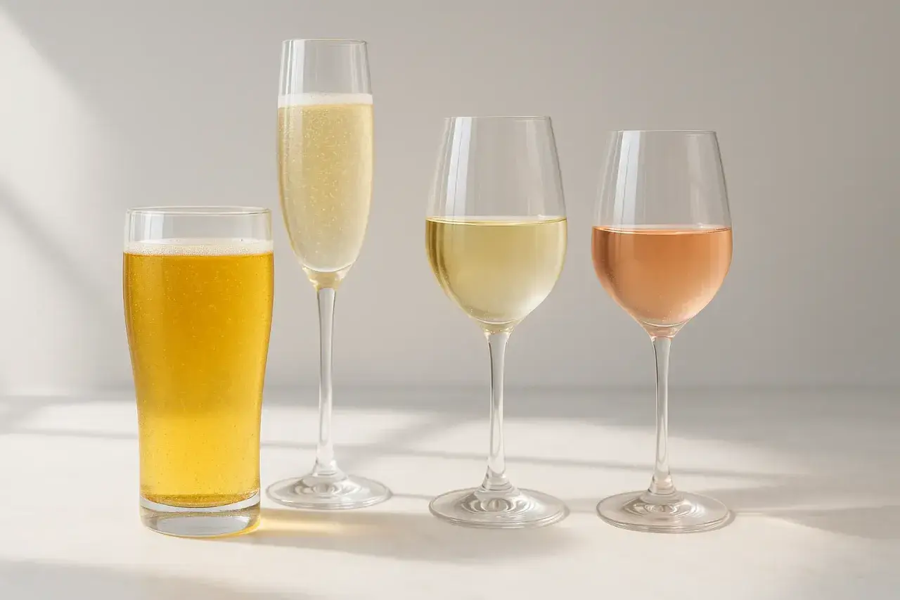 Verre de bière, coupe de champagne, verre de vin blanc et verre de rosé. La bière est souvent la plus calorique.