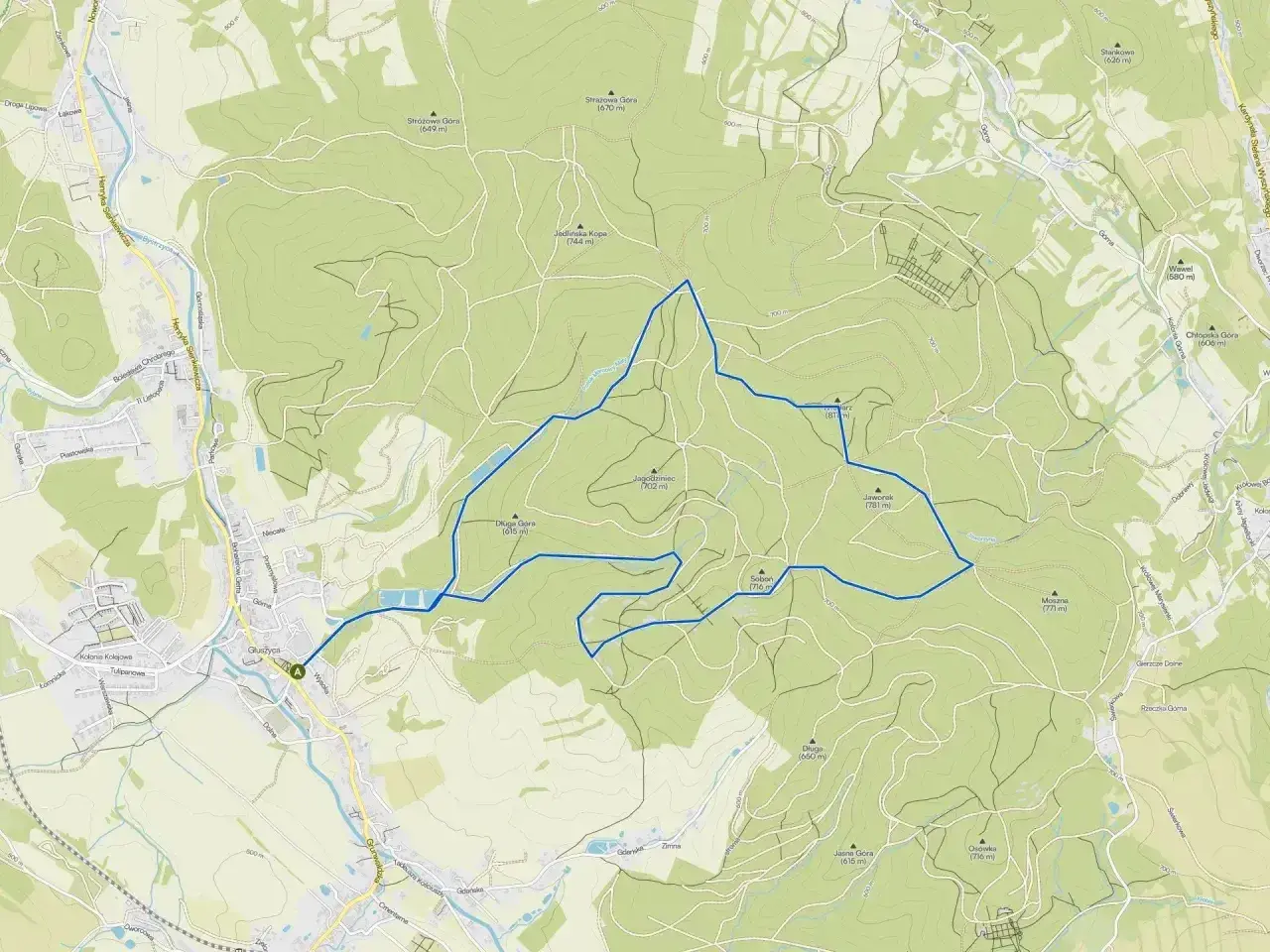 Mapa turystyczna z zaznaczoną trasą przez Góry Sowie. Widoczne szczyty, doliny i sieć dróg.