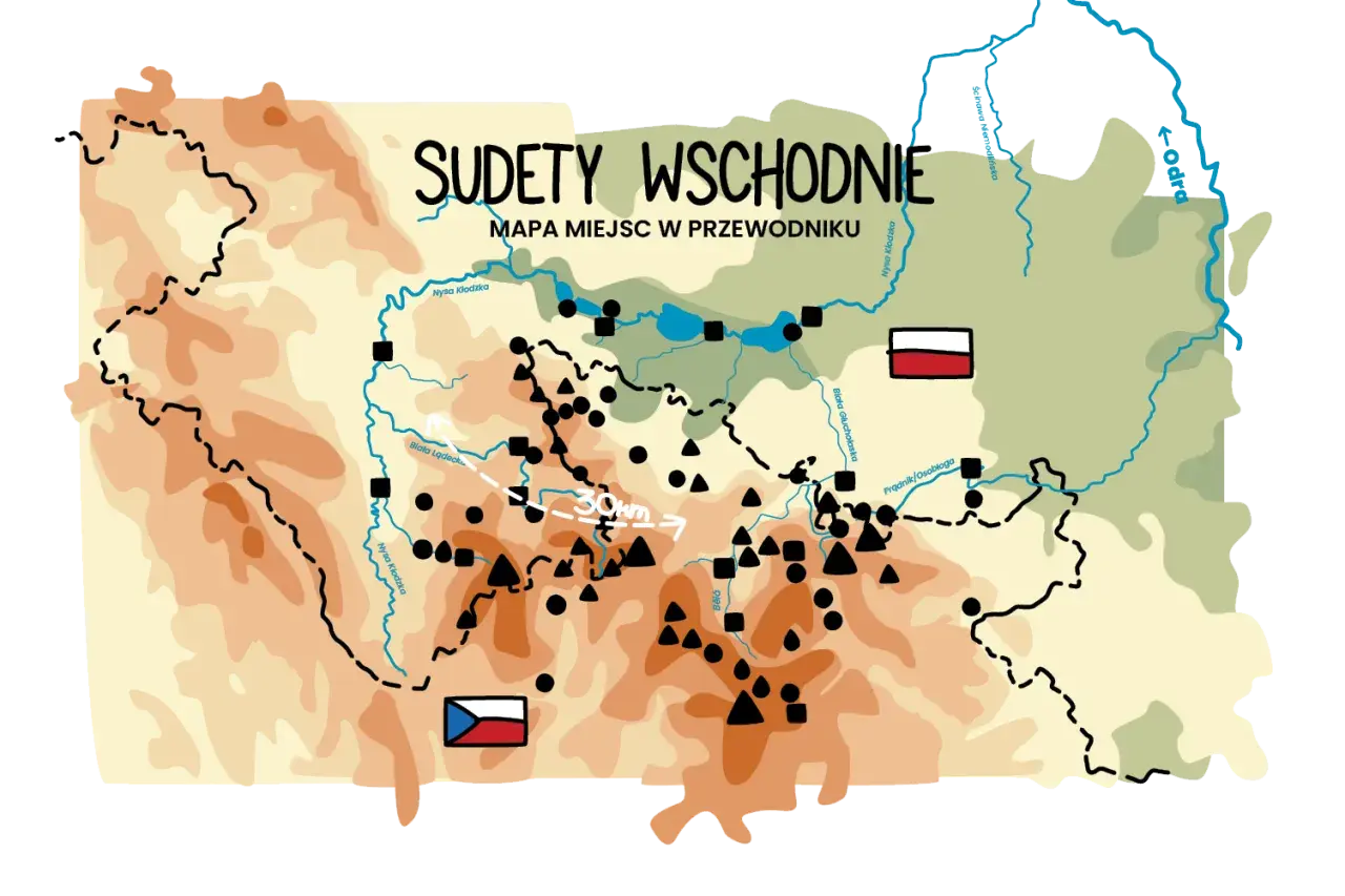 Mapa Sudetów Wschodnich z zaznaczonymi rzekami, miastami i szlakami. Gdzie są Sudety? Na mapie widać granice Polski i Czech.
