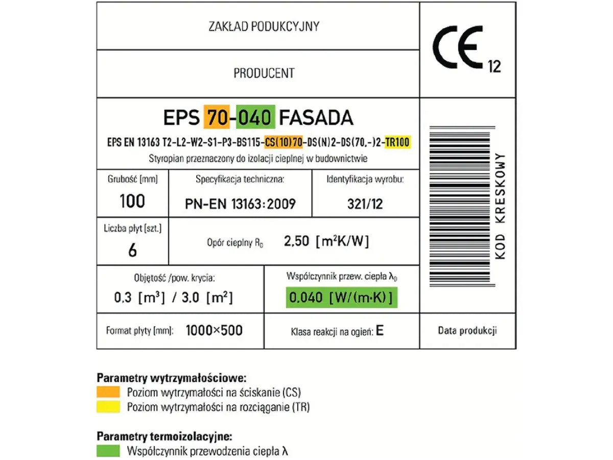 Etykieta produktu EPS 70-040 FASADA, styropian do izolacji cieplnej, grubość 100 mm, współczynnik przewodzenia ciepła 0,040 W/(m·K).