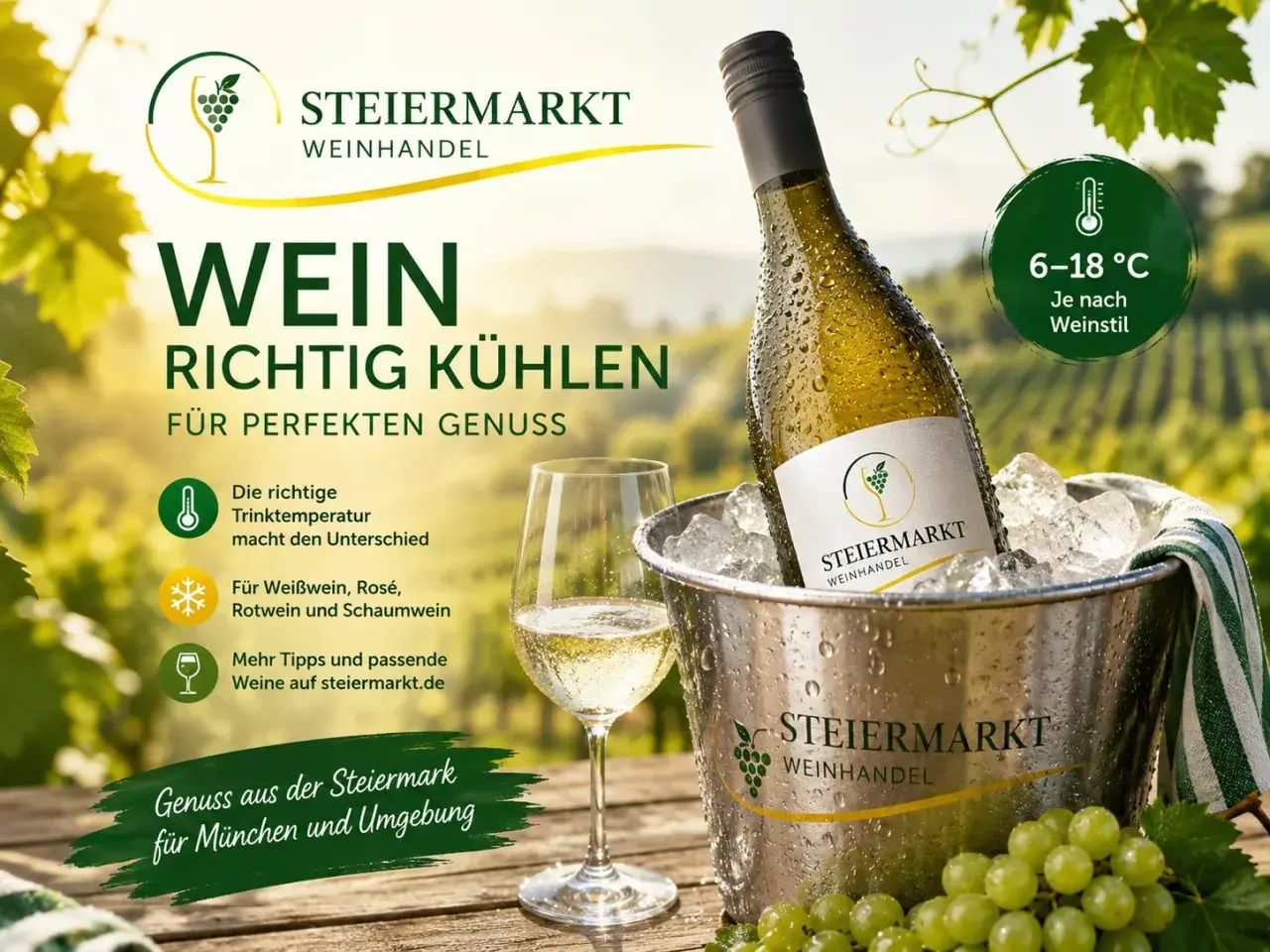Die richtige Trinktemperatur für Wein: 6-18°C je nach Weinstil. Steiermark Weinhandel empfiehlt die perfekte Kühlung für Genuss.