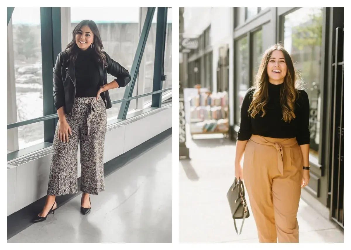 Comment s'habiller quand on est petite : deux looks stylés avec des pantalons taille haute et des vestes.