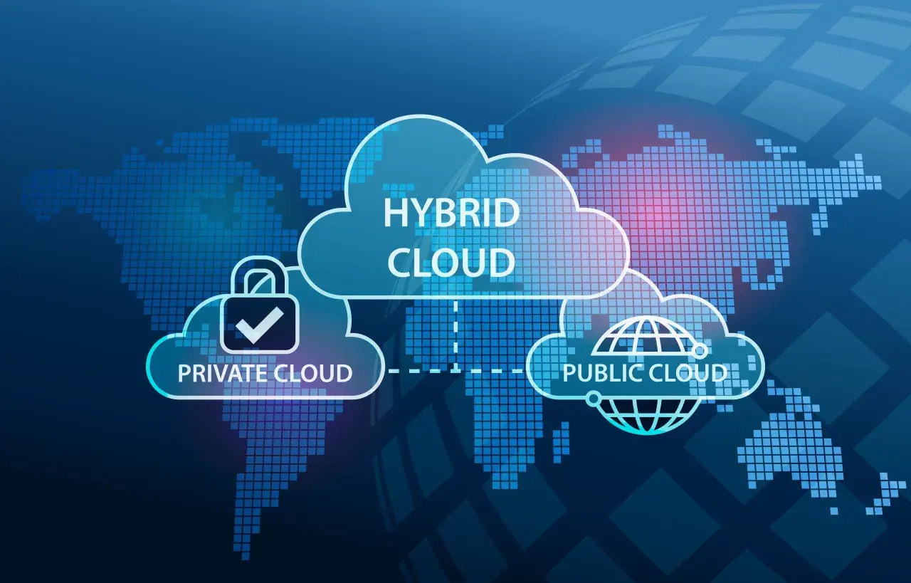 Nube híbrida, privada y pública, representando el almacenamiento digital global.