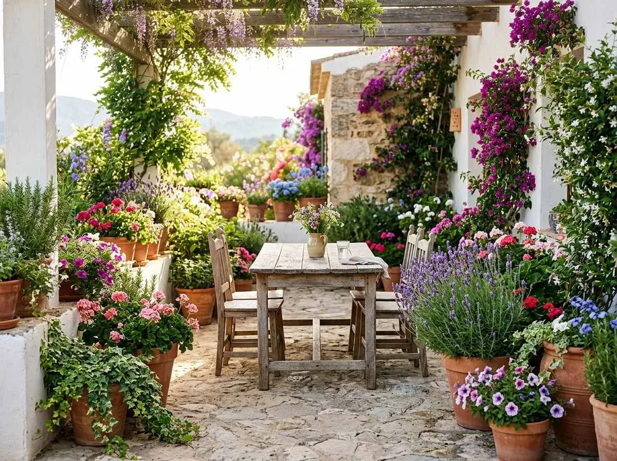 Une table en bois et des chaises invitent à la détente sur cette terrasse aménagée avec un jardin luxuriant. Des fleurs colorées et des plantes grimpantes créent un cadre idyllique.