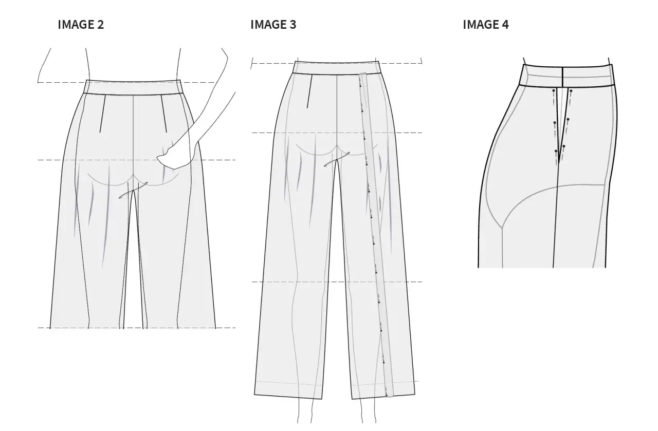 Illustrations show how to sew pant legs together, with close-ups of the inseam and button closure.