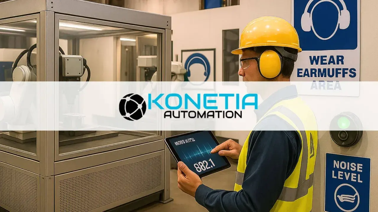 Ingeniero revisa la fórmula de potencia sonora en una tablet en una fábrica automatizada.