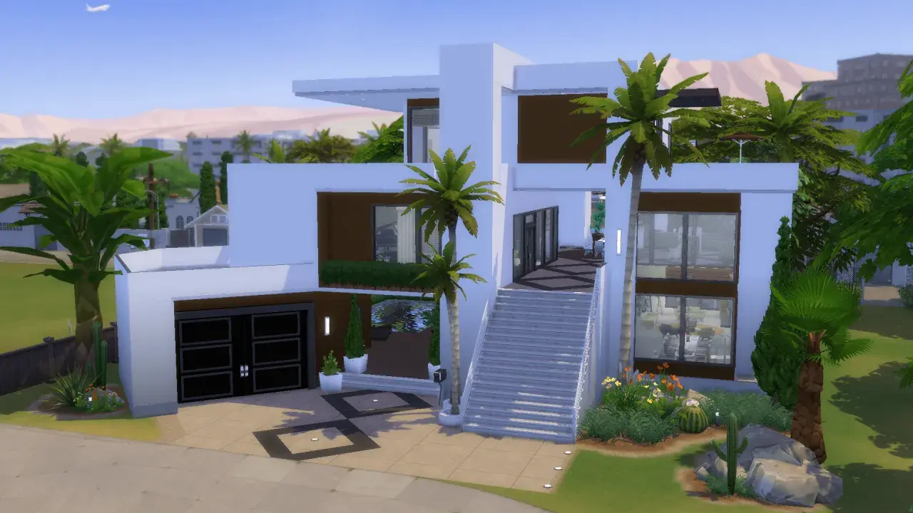 Nowoczesne domy w The Sims 4 bez dodatków, z basenem, palmami i kaktusami.