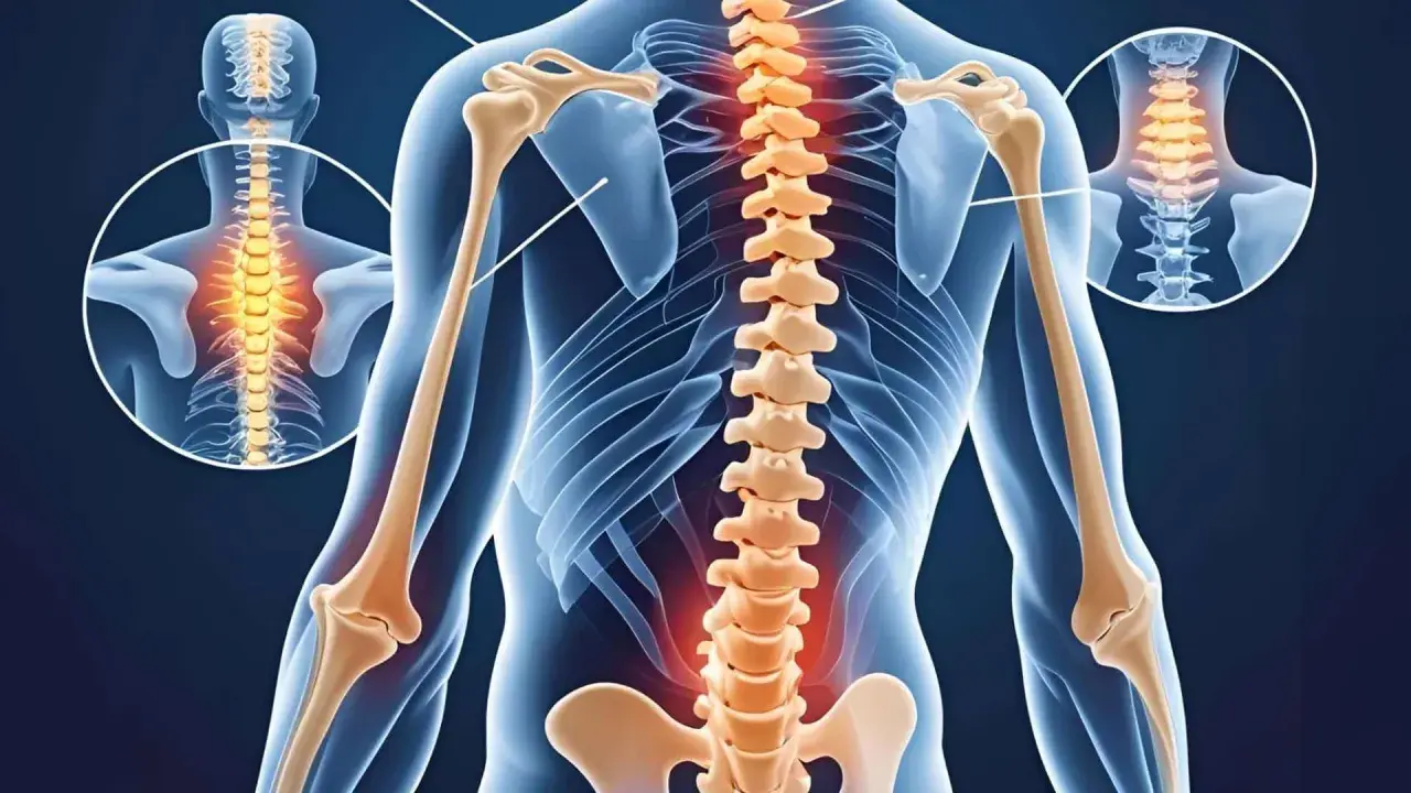 Anatomia człowieka z podświetlonym kręgosłupem, wskazującym na zwyrodnienie kręgosłupa. Widoczne kości ramion i obręczy barkowej.