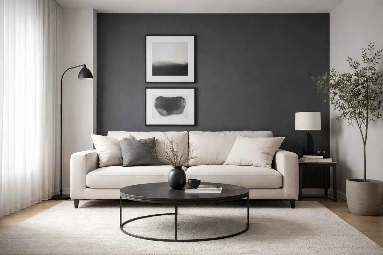 Un salon moderne avec un canapé clair, un mur gris foncé et des œuvres d'art. Le gris clair va bien avec le beige et le noir, créant une ambiance apaisante.