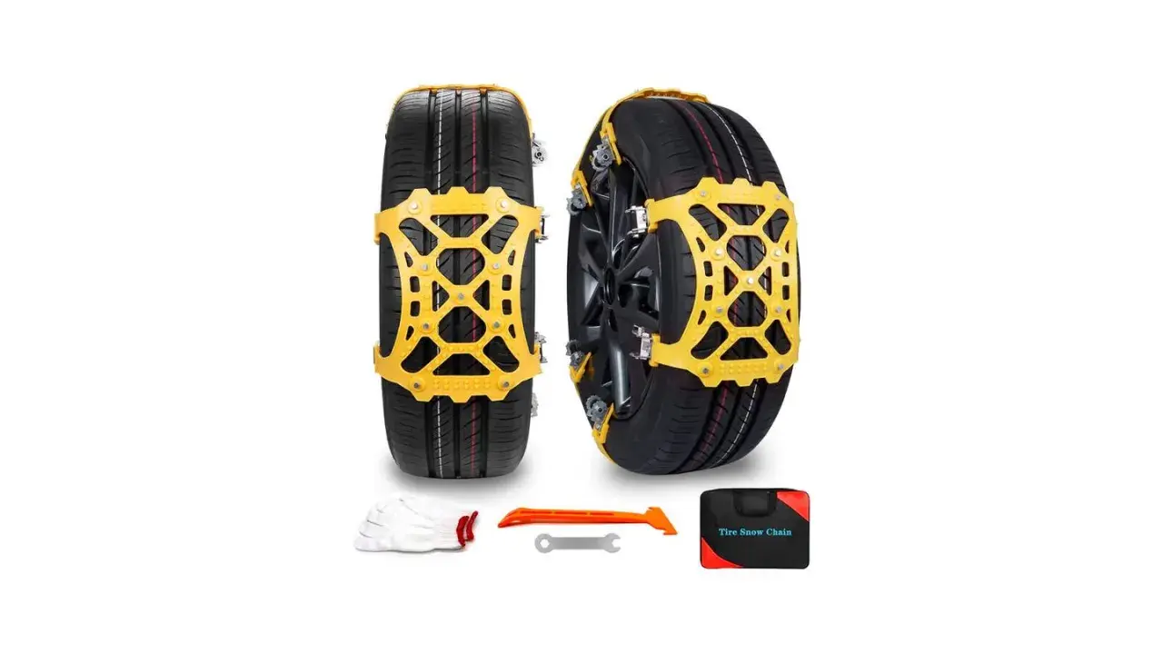 Dos neumáticos con cadenas amarillas, guantes blancos, herramienta naranja y llave. Muestra diferentes tipos de cadenas para nieve.