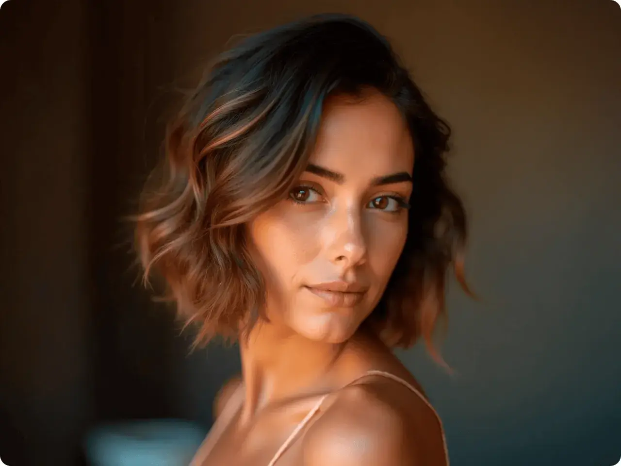 Mujer con cabello castaño con mechas balayage miel, ondas suaves y mirada cautivadora.