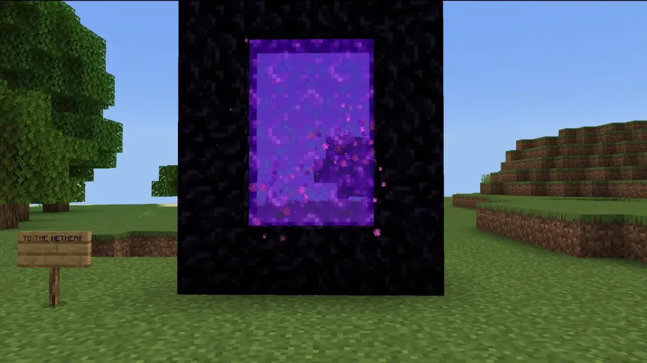 Portal do Netheru, który prowadzi do różnych biomy w netherze. Obok znak "TO THE NETHER!!!".