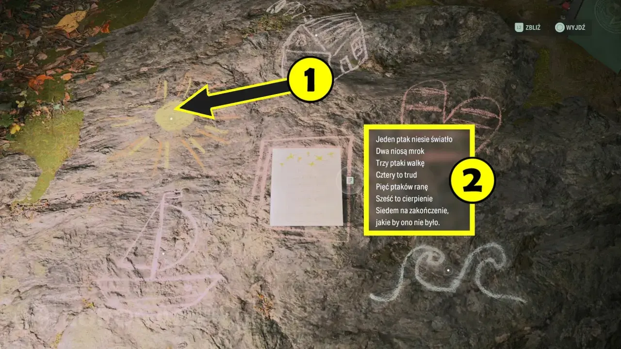 Na skale w grze Alan Wake 2 widzimy rysunki kredą i tekst rymowanki. Strzałka wskazuje na słońce, a obok znajduje się numer 2.