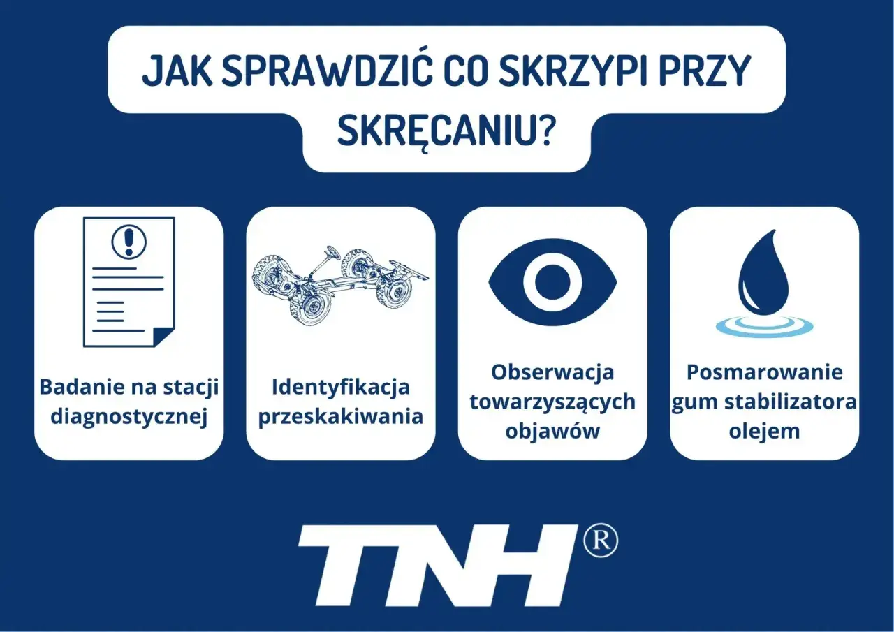 Jak sprawdzić, co skrzypi przy skręcaniu? Poradnik: badanie diagnostyczne, identyfikacja przeskakiwania, obserwacja objawów, smarowanie gum stabilizatora olejem.