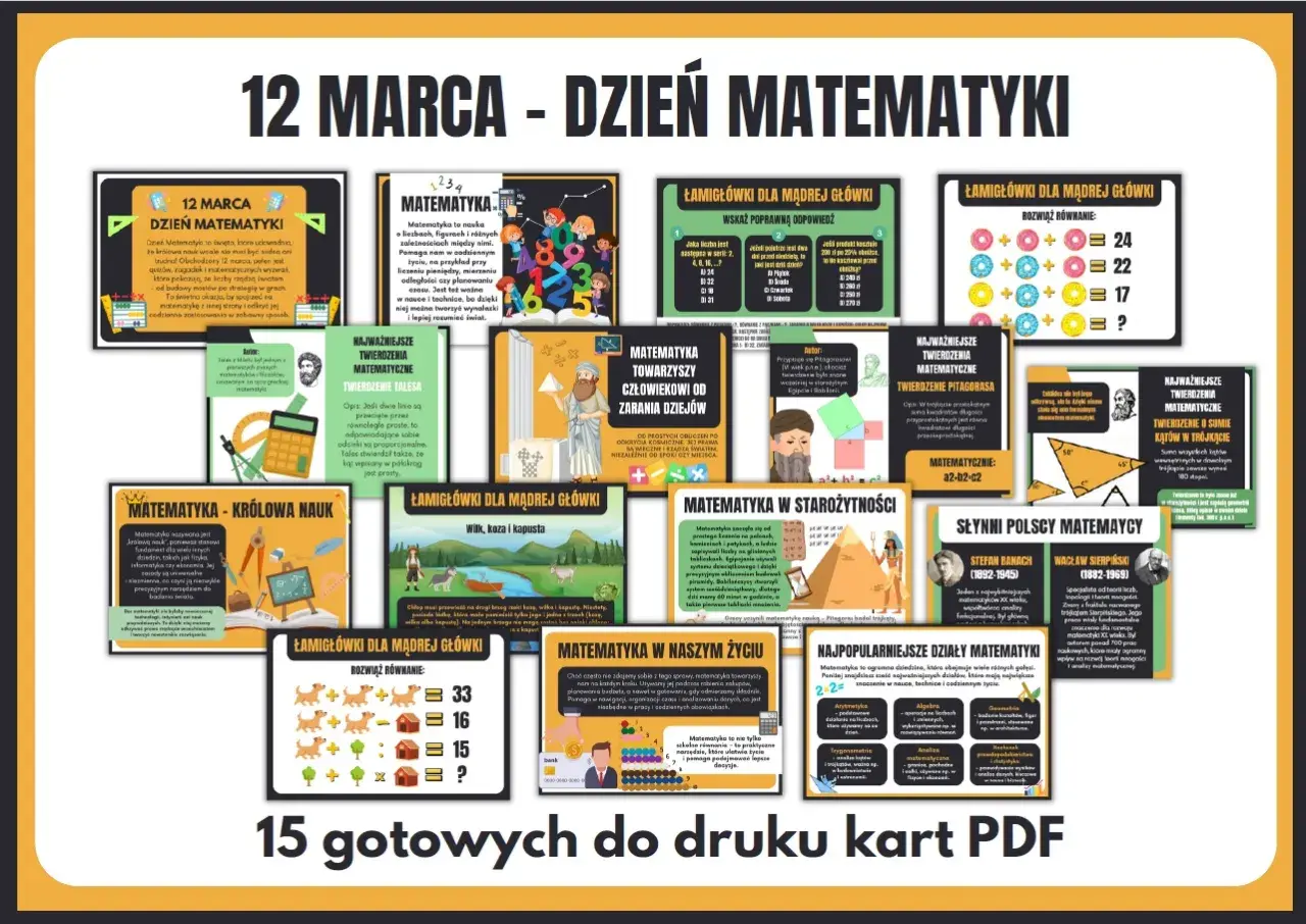 Ilustracja przedstawia kolaż kart z zadaniami i informacjami o matematyce, z hasłem "12 MARCA - DZIEŃ MATEMATYKI".