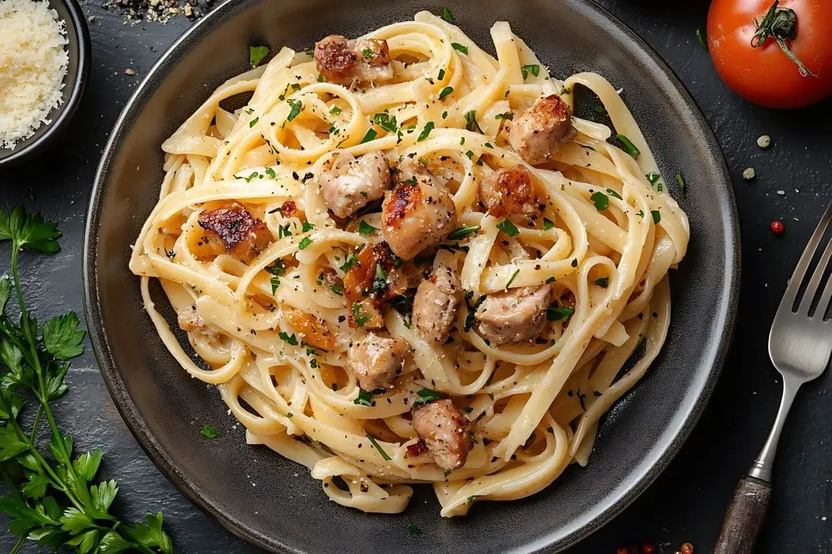 Szybki obiad z makaronem fettuccine, kawałkami kurczaka i posypką z ziół. Idealny na szybki posiłek.