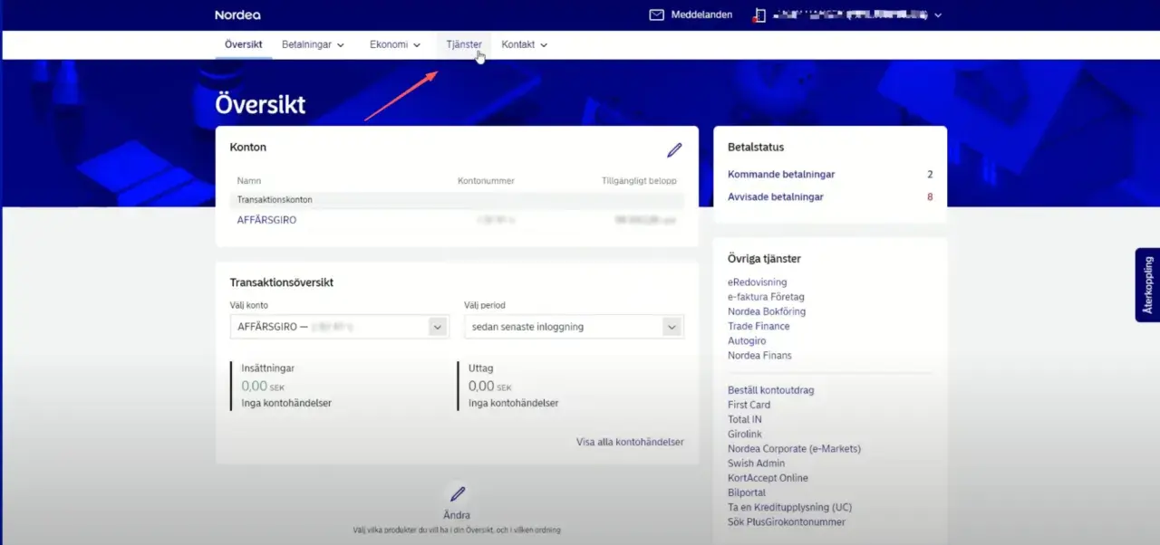 Nordea-översikt med konton, betalstatus och tjänster. Här kan du söka PlusGirokontonummer, som är en del av nordeas clearingnummer.