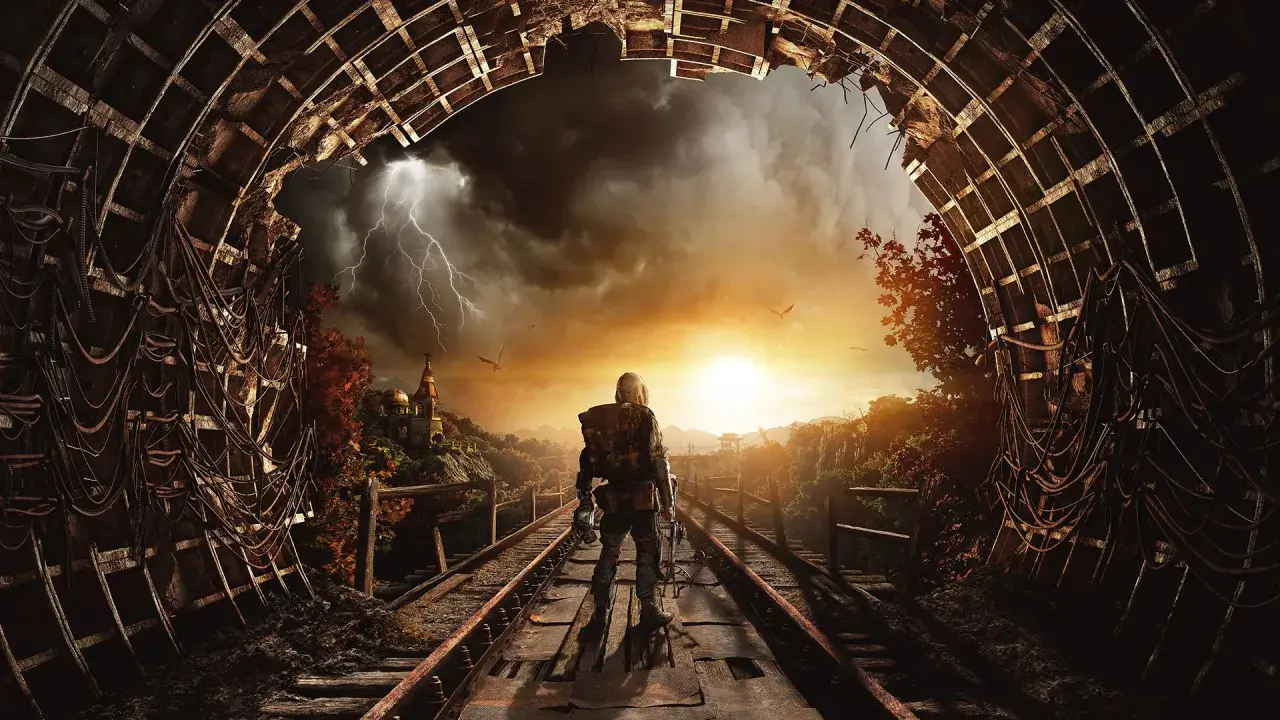 Postapokaliptyczny krajobraz z postacią na torach, burza i wschód słońca. Sprawdź metro exodus wymagania.