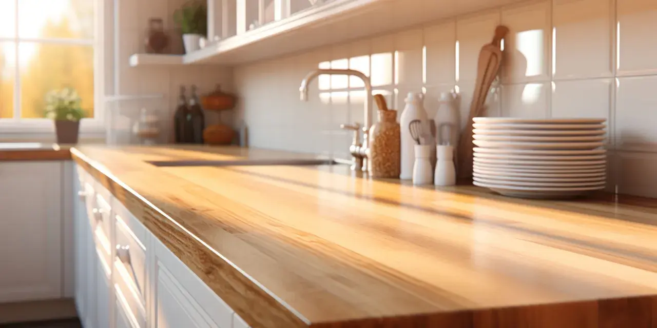 Encimera de madera con un acabado brillante, lista para el tratamiento. Luz solar cálida ilumina la cocina.
