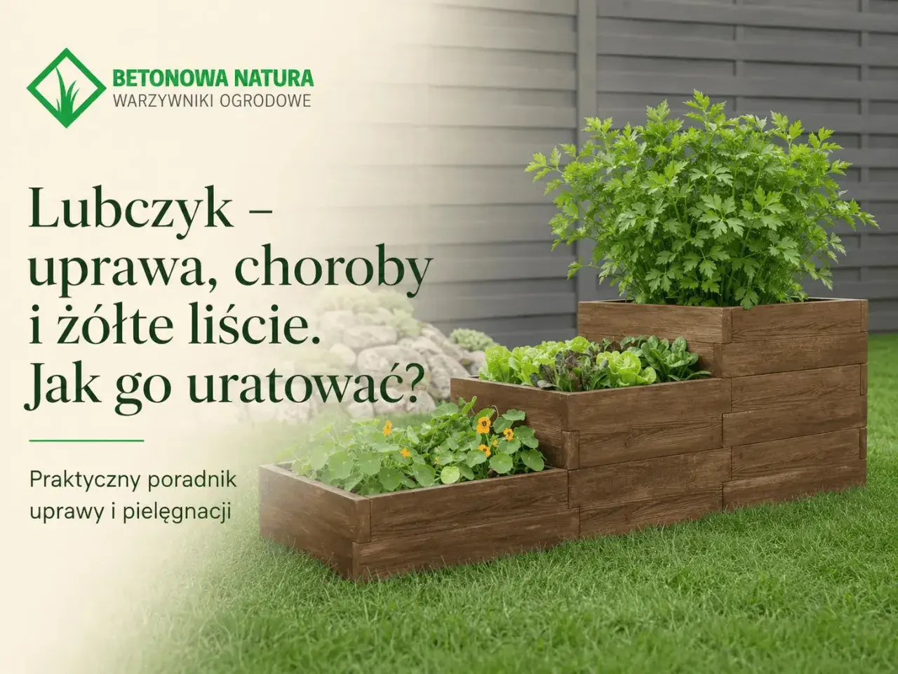 Lubczyk w drewnianej skrzyni, obok sałaty i nasturcji. Dowiedz się, dlaczego lubczyk żółknie i jak mu pomóc.