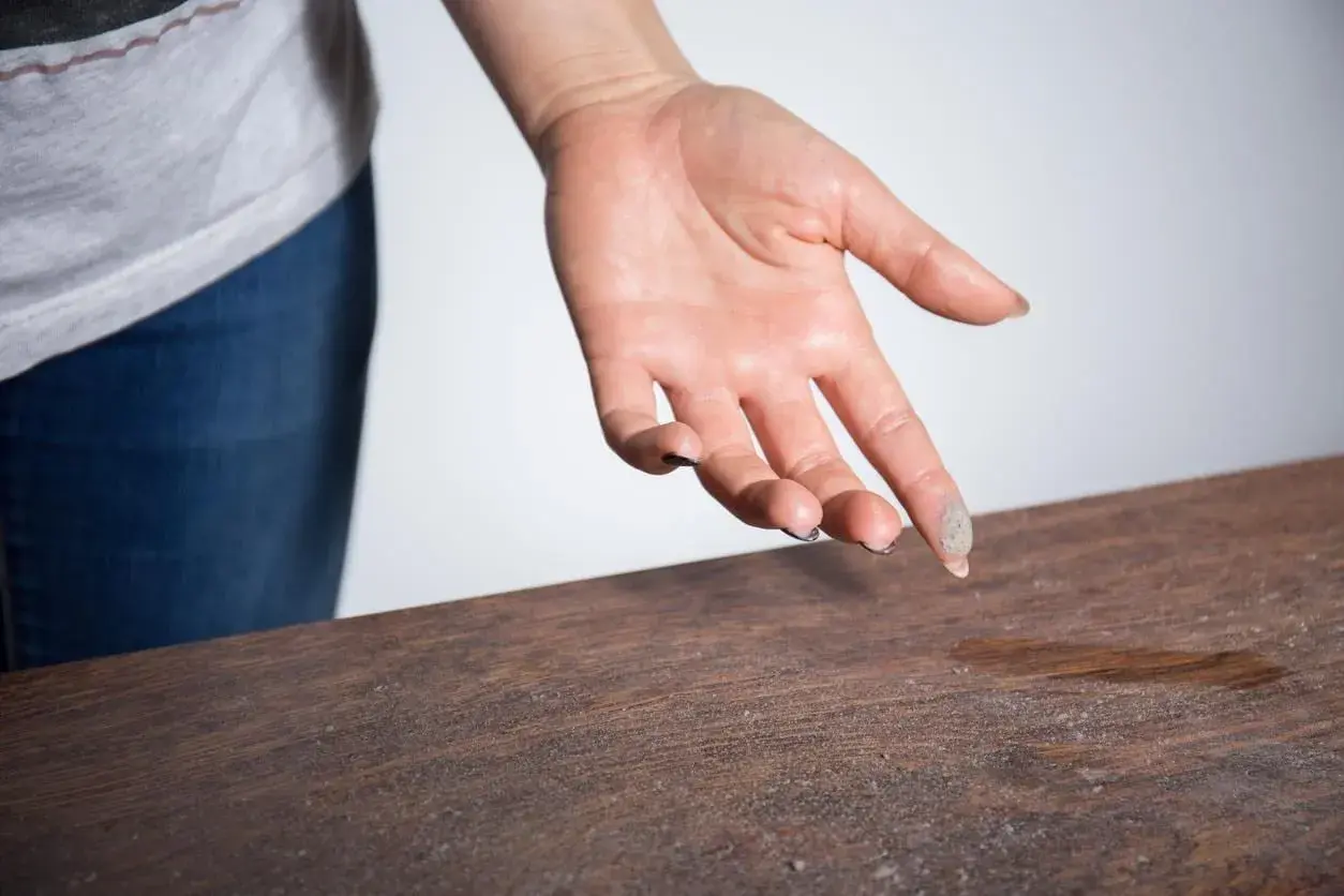 Mano con polvo en los dedos sobre una mesa de madera. Una demostración visual de cómo eliminar el polvo del aire y las superficies.