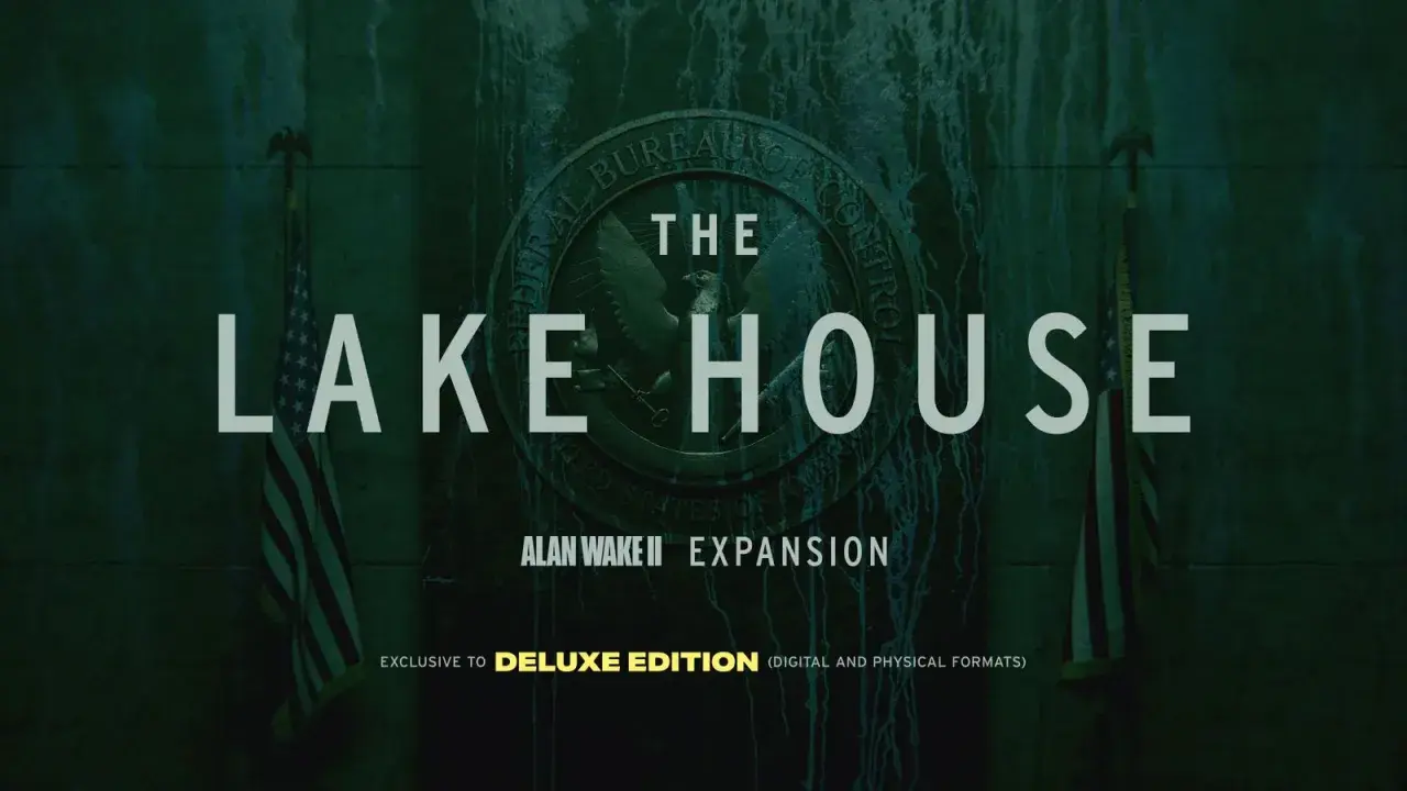 The Lake House" - nowy dodatek do Alan Wake 2, z pieczęcią Federalnego Biura Kontroli i amerykańską flagą.