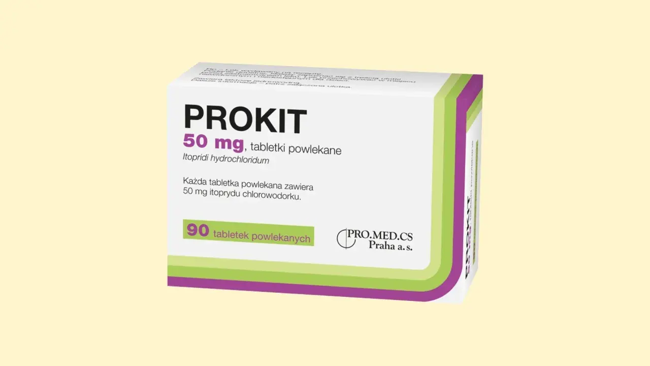 Prokit 50 mg, tabletki powlekane. Lek na problemy żołądkowe, zawiera itoprydu chlorowodorek. Opakowanie 90 tabletek.