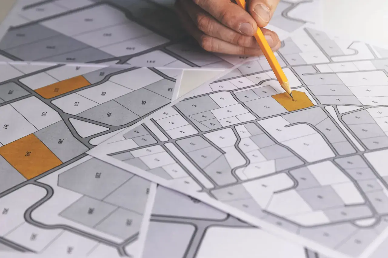 Rysunek geodezyjny z zaznaczonymi działkami. Dłoń z ołówkiem planuje scalenie działek, analizując mapę.