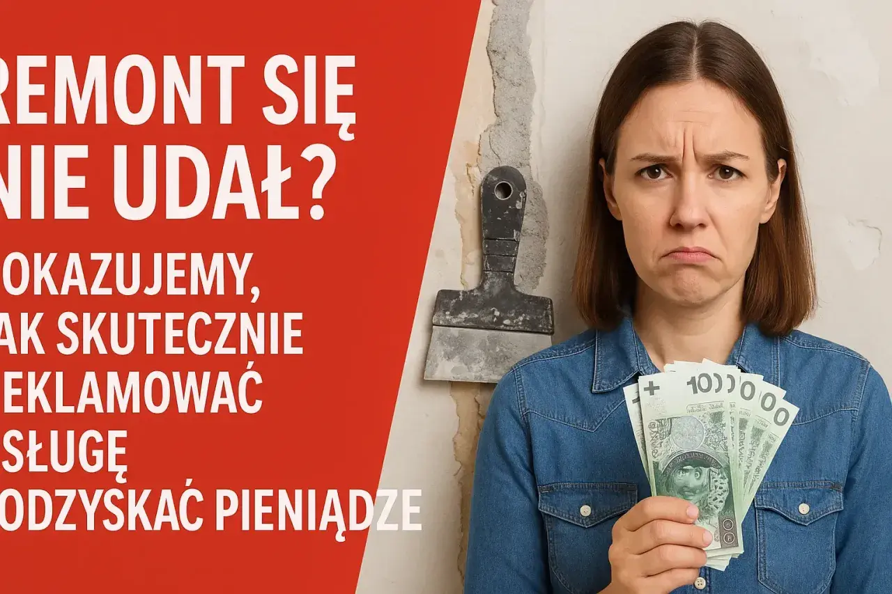 Zmartwiona kobieta trzyma pieniądze po nieudanym remoncie. Dowiedz się, jak skutecznie reklamować usługę i odzyskać pieniądze, dbając o prawa konsumenta.