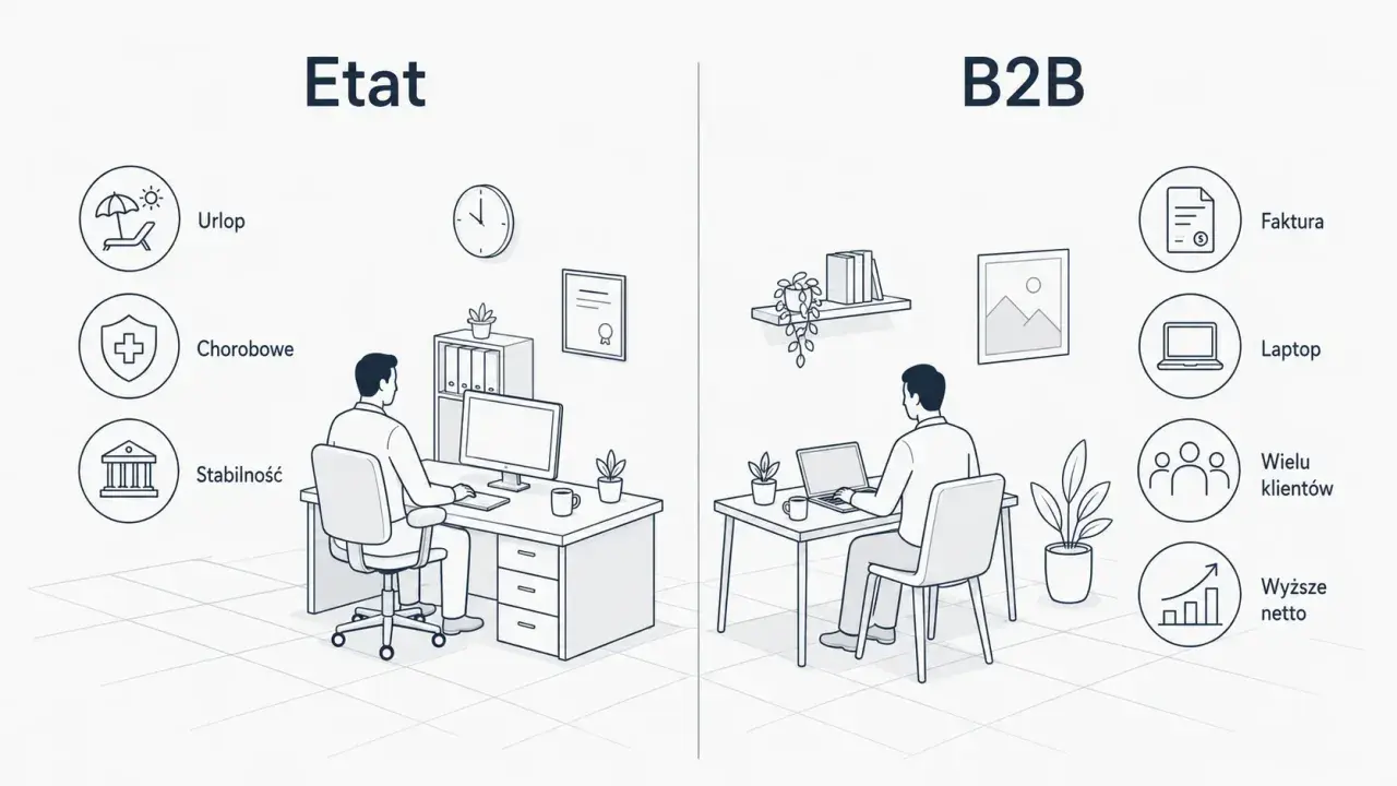 Porównanie etatu i B2B: stabilność, urlop, chorobowe kontra faktura, laptop, wielu klientów i wyższe netto. Umowa B2B oferuje większą elastyczność.
