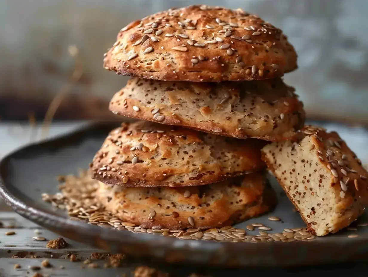 En stapel hembakade scones med russin, toppade med solrosfrön och linfrön. En bit är avskuren för att visa det saftiga inkråmet.
