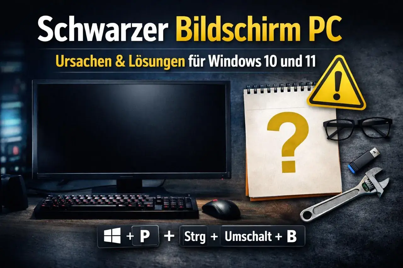 Schwarzer Bildschirm PC: Ursachen & Lösungen für Windows 10/11. Ein schwarzes Bild mit Computer, Tastatur, Maus, Notizbuch mit Fragezeichen und Werkzeug.