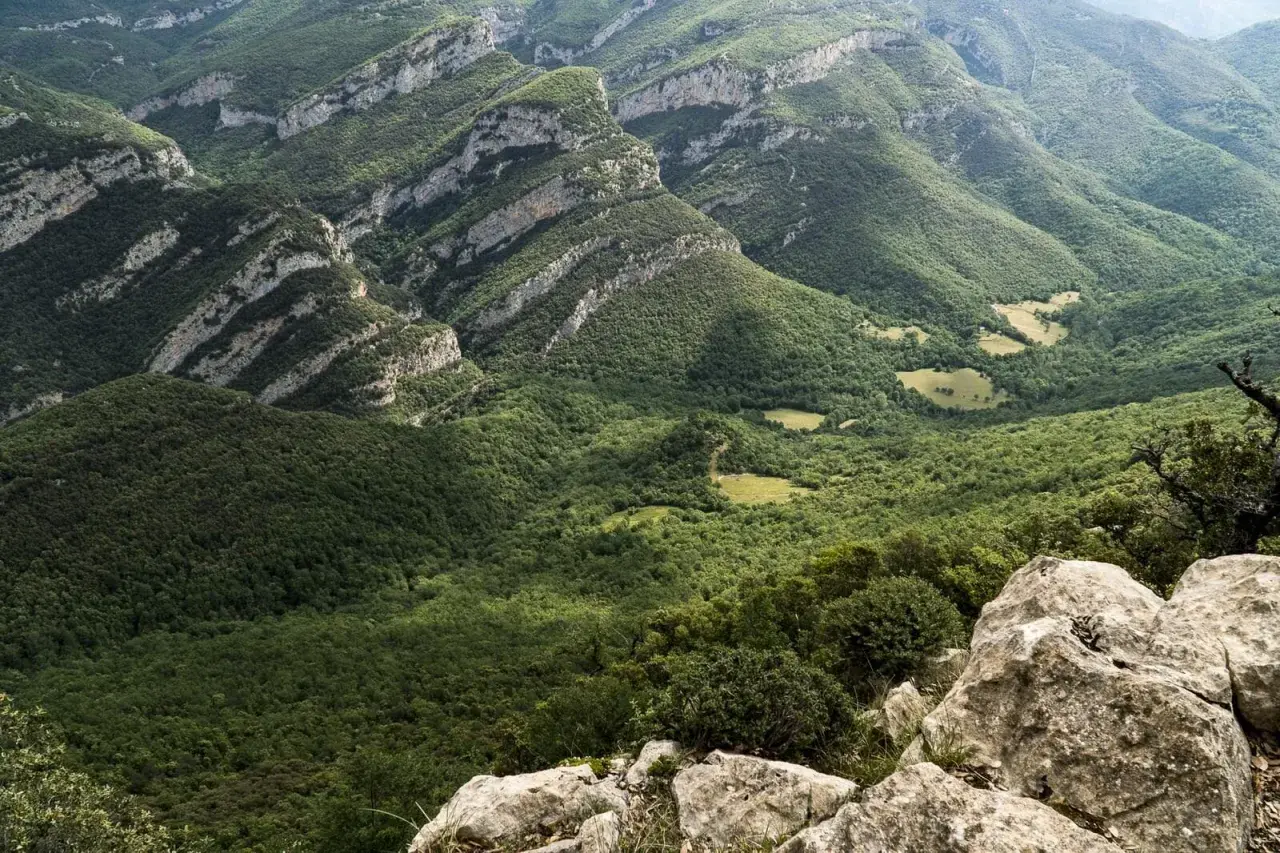 Vistas impresionantes de la Alta Garrotxa, con montañas cubiertas de bosques frondosos y formaciones rocosas que se asoman entre la vegetación.