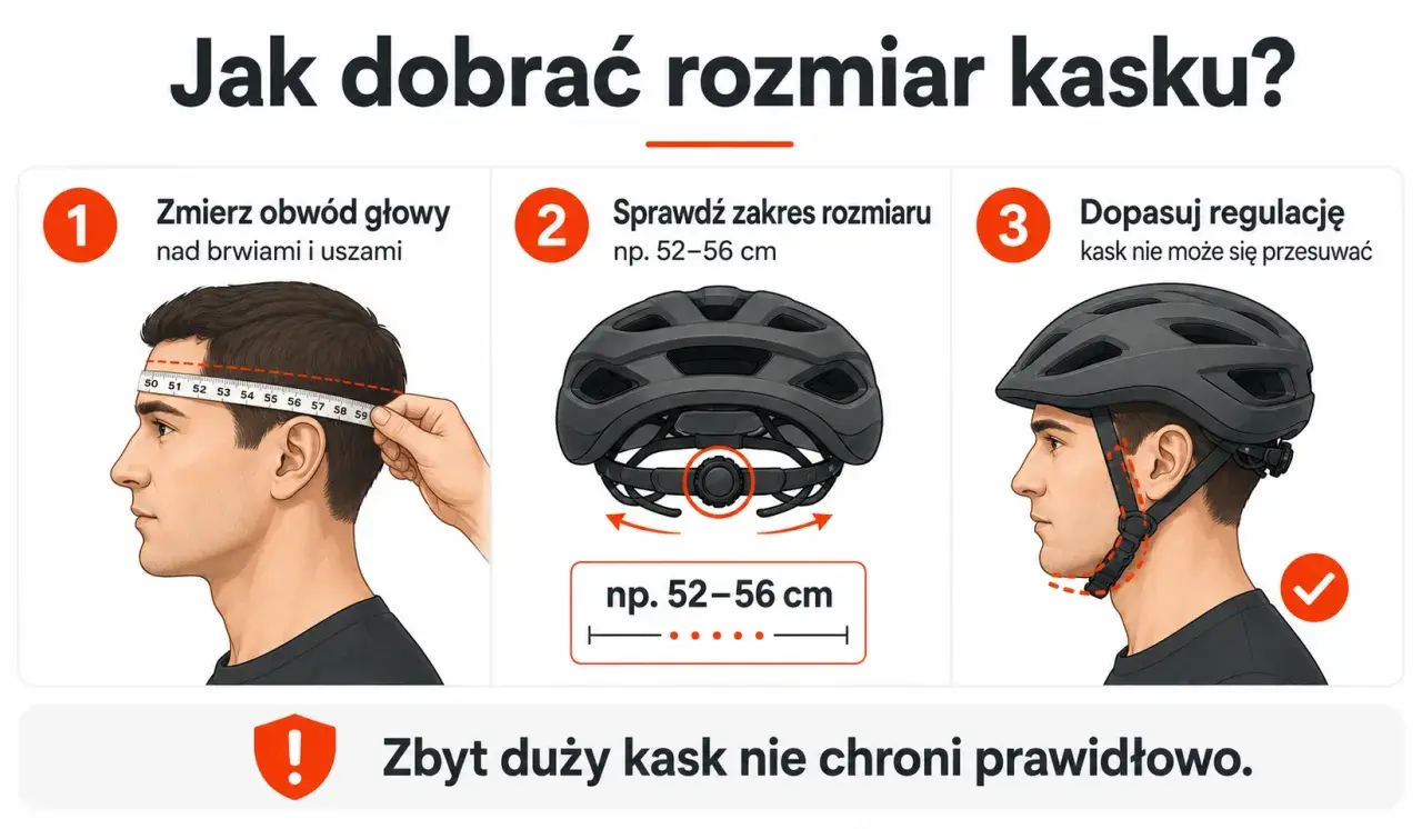 Jak dobrać rozmiary kasków rowerowych: zmierz obwód głowy, sprawdź zakres rozmiaru kasku (np. 52-56 cm) i dopasuj regulację. Zbyt duży kask nie chroni.