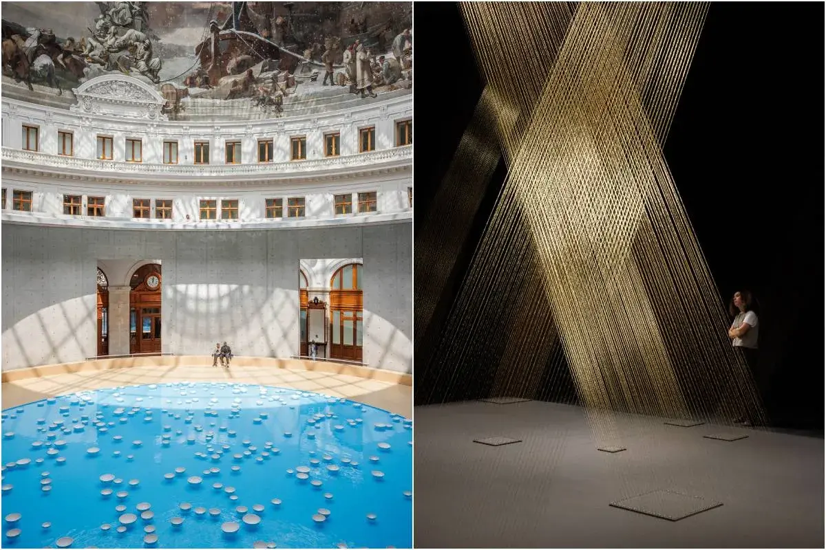 Deux œuvres d'art dans l'expo Pinault : une installation aquatique avec des disques flottants et une sculpture de fils dorés où une femme admire l'œuvre.