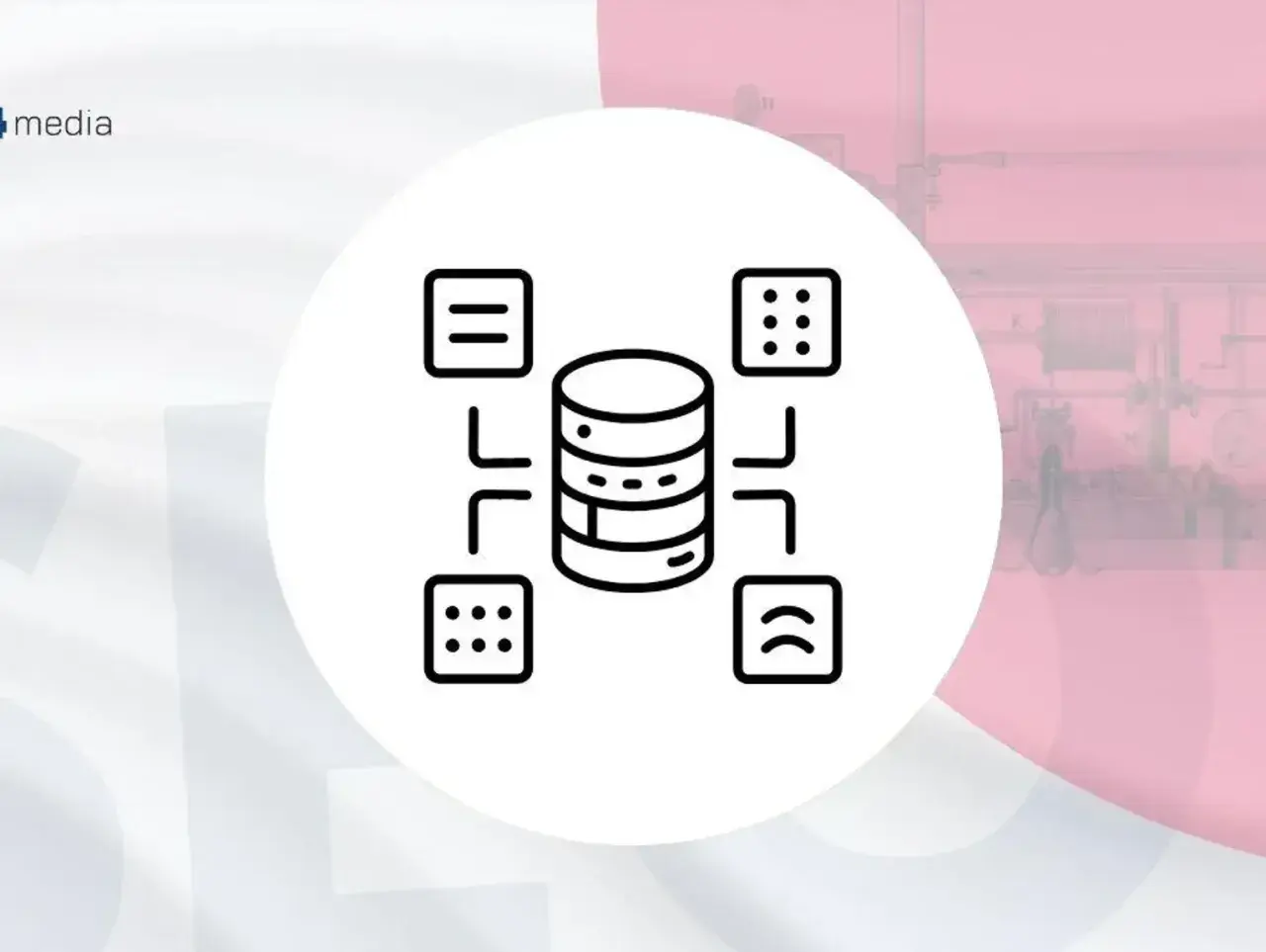 Ikona przedstawia bazę danych połączoną z ikonami symbolizującymi dane, np. w kontekście przetwarzania danych w języku JavaScript.