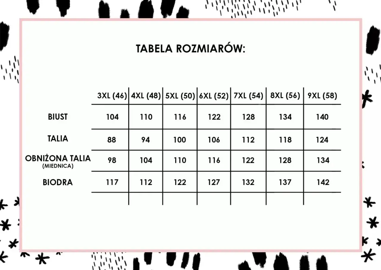 Tabela rozmiarów odzieży plus size: biust, talia, obniżona talia, biodra. Rozmiary od 3XL (46) do 9XL (58).