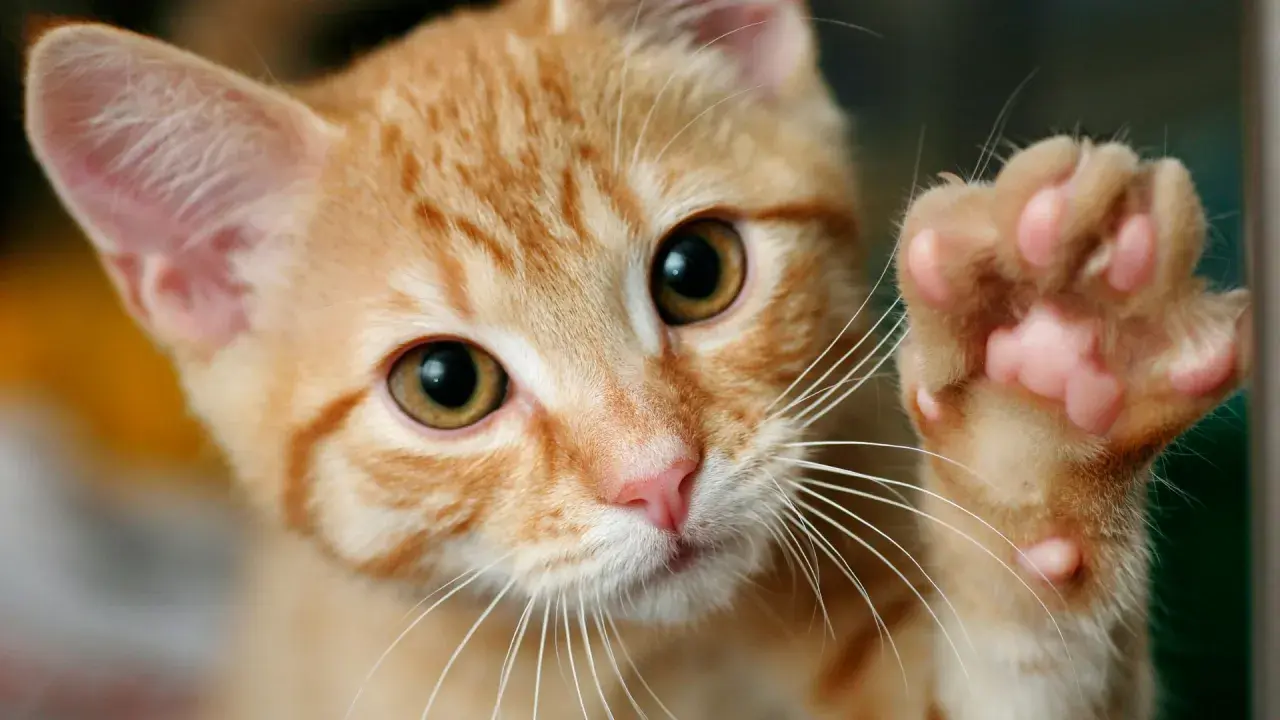 Un gatito naranja levanta su pata, mostrando sus almohadillas rosadas. ¿Cuántos dedos tiene un gato? ¡Este parece tener cinco en esta pata!