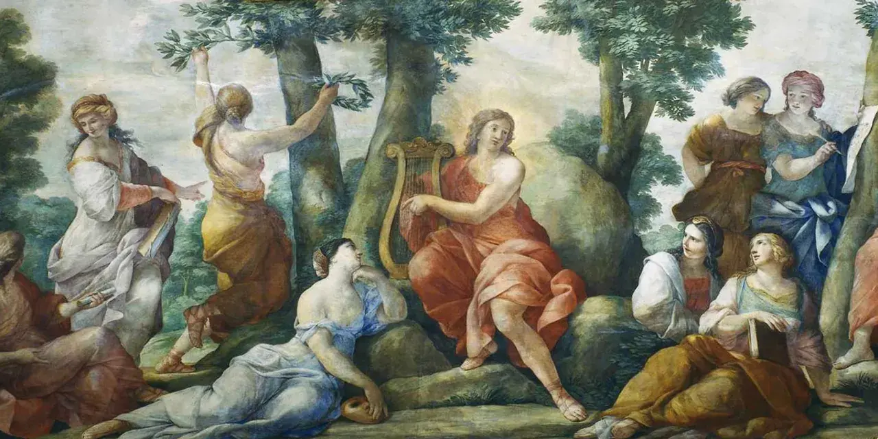 Clio, fille de Zeus, muse de l'histoire, joue de la lyre entourée de compagnes dans un paysage verdoyant.