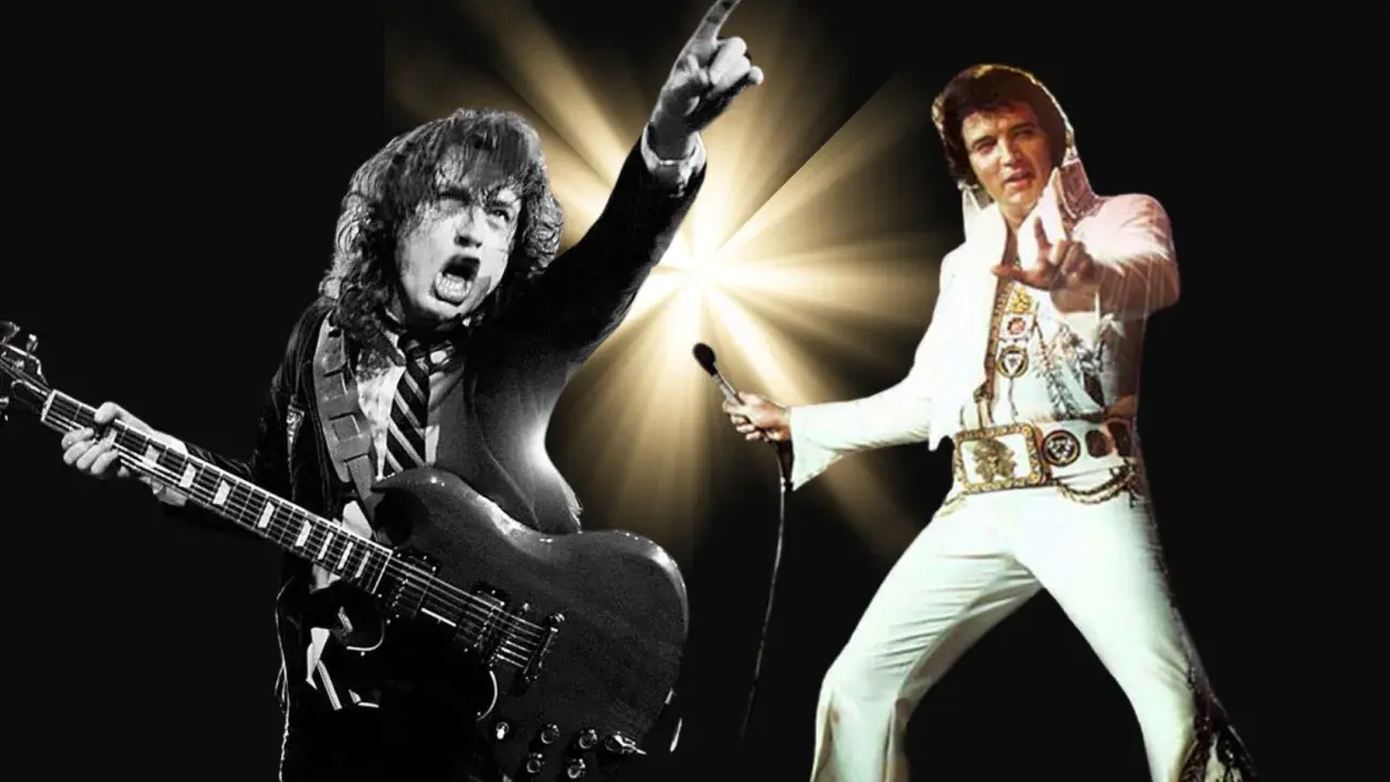 Rock and roll legends: Bon Scott z AC/DC gra na gitarze, a Elvis Presley w białym stroju śpiewa do mikrofonu. Idealny cover dla fanów muzyki.