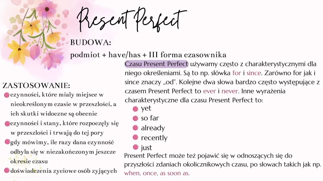 Wyjaśnienie budowy i zastosowania czasu teraźniejszego angielskiego (Present Perfect) z przykładami słów kluczowych: for, since, ever, never, yet, so far, already, recently, just.