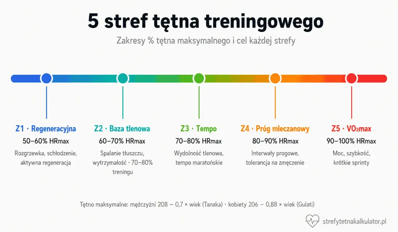 Grafika przedstawia 5 stref tętna treningowego, od regeneracyjnej po VO2max. Wyjaśnia, co to znaczy anaerobowa strefa tętna, czyli próg mleczanowy (Z4) i VO2max (Z5), gdzie organizm pracuje na wysokich obrotach.