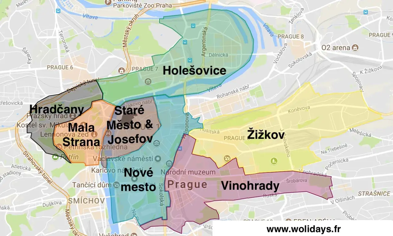 Carte des quartiers de Prague : Hradčany, Malá Strana, Staré Město, Josefov, Nové Město, Vinohrady, Žižkov, Holešovice.