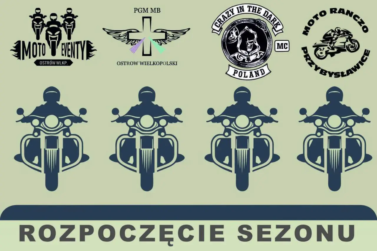Grafiki motocyklowe i napisy "Rozpoczęcie sezonu". Czas na jazdę!