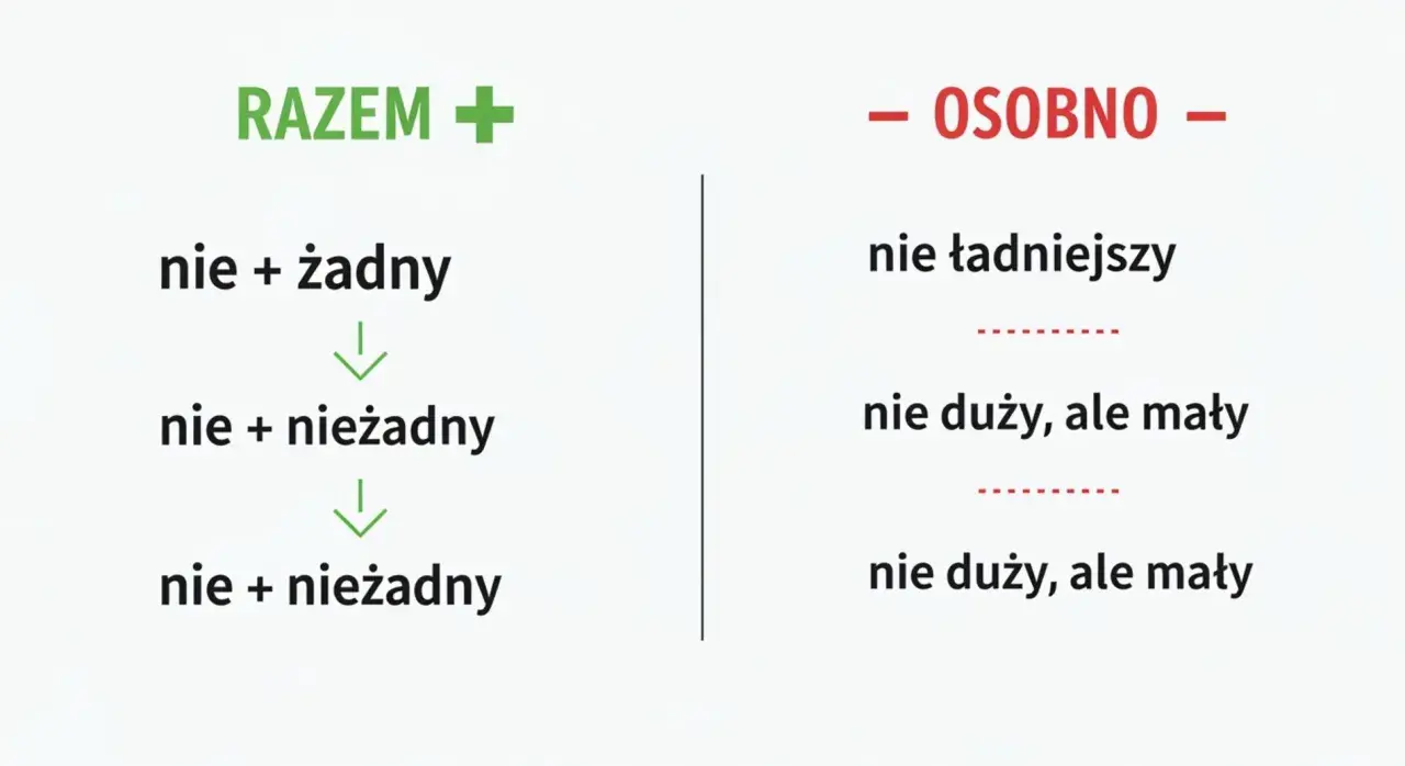 Grafika z podziałem na "RAZEM" i "OSOBNO", pokazująca przykłady pisowni "nie" z przymiotnikami.