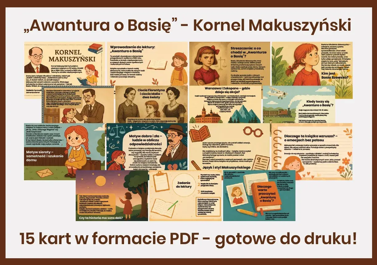 Książka "Awantura o Basię" Kornela Makuszyńskiego. 15 kart PDF z materiałami do druku: streszczenie, motywy, zadania.