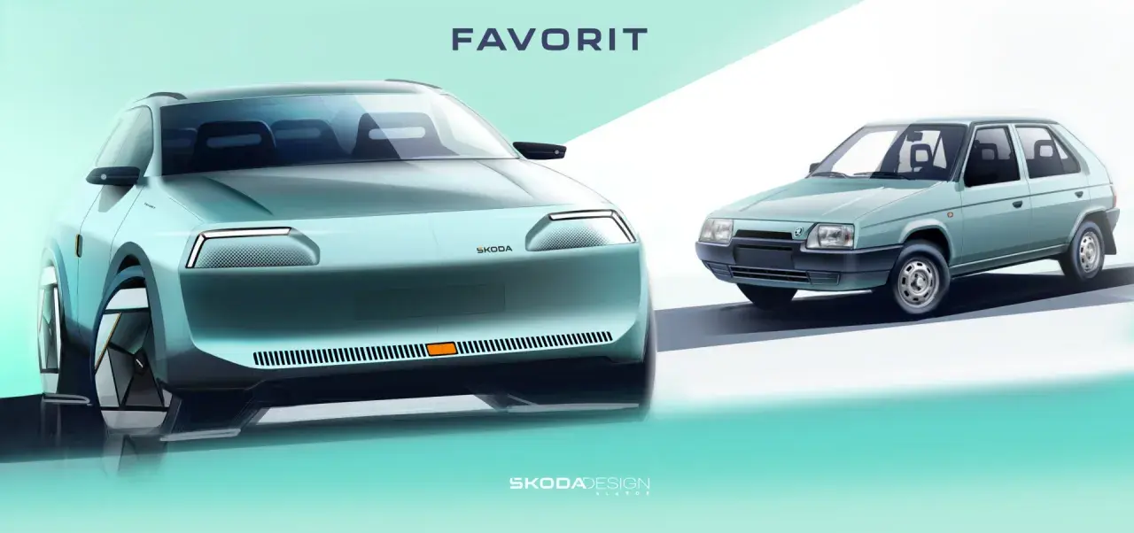 Nowoczesna wizja Škoda Favorit obok klasycznego modelu. Futurystyczny design spotyka legendę.